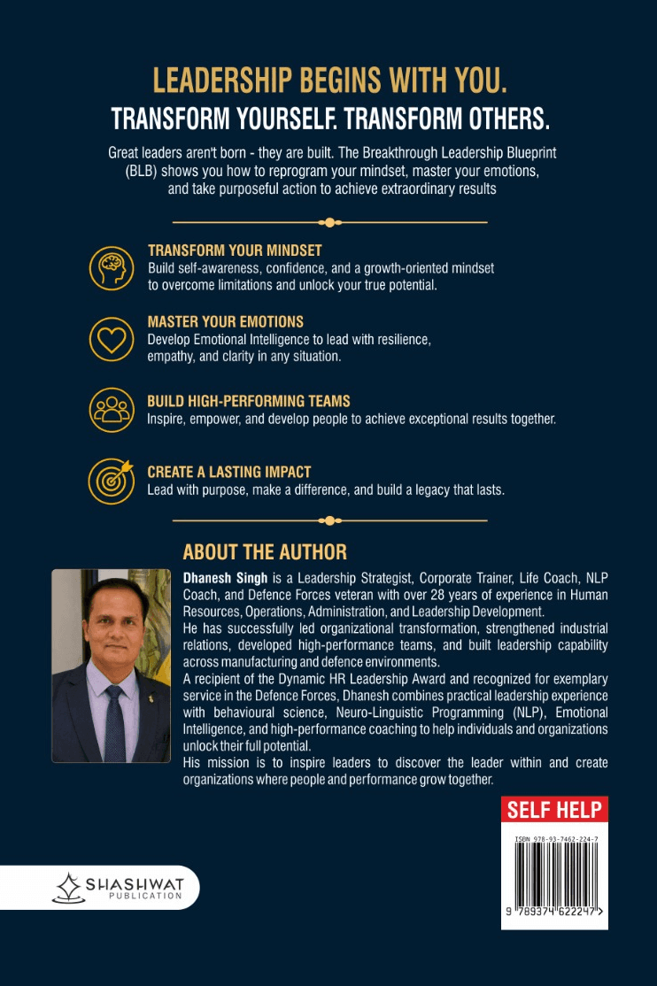 The Breakthrough Leadership Blueprint — back cover, with chapter themes and author bio