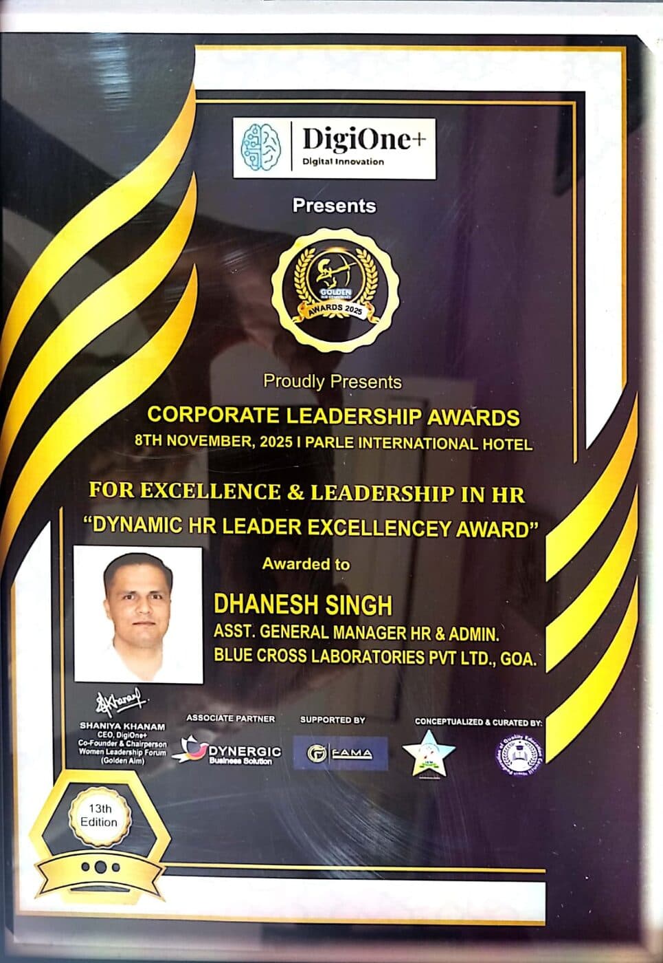Dynamic HR Leader Excellency Award certificate